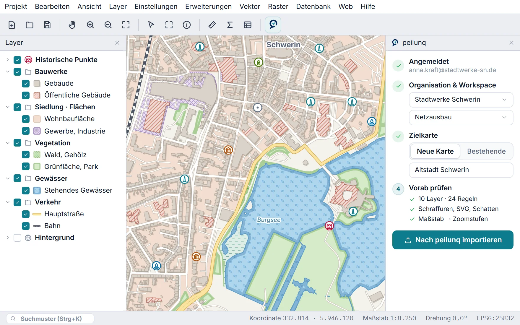 QGIS, vereinfacht: Ausgangsprojekt mit Schraffuren, Punktmustern, Schatten und historischen Punkten, rechts das peilunq-Plugin